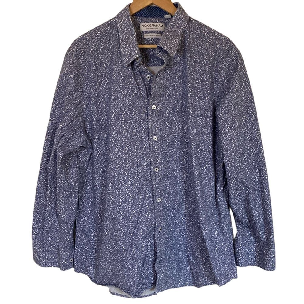 Nick Graham Mens Blue Paisley Button‎ Up Shirt Size 2XLT Navy Patterned Cuff